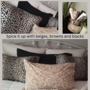 Arrangement of pillowcases in shades of cream, tan, black and browns.